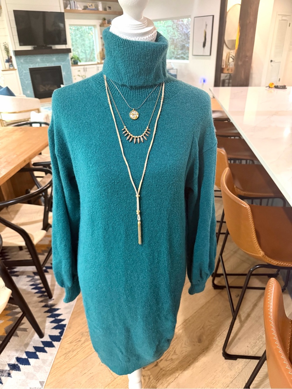 Green/Teal Turtleneck Sweater Dress - Cozy Longline Knit